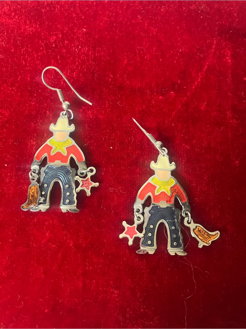 Vintage EDGAR BEREBI EB Dangle Enamel Earrings COWBOY Silvertone Pierced